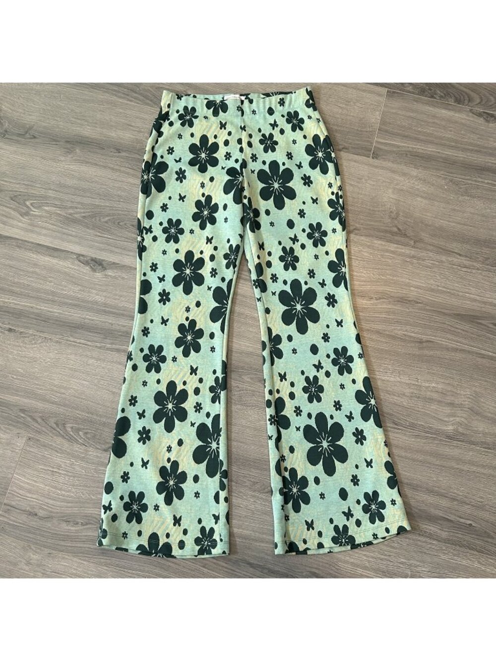 Urban Outfitters Pants Womens L Green Floral Knit Flare Leg Sweatpants Stretch
